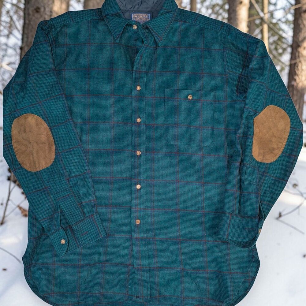 Pendleton 100% Virgin Wool Trail Shirt Teal Plaid Tartan Mens LARGE Vintage